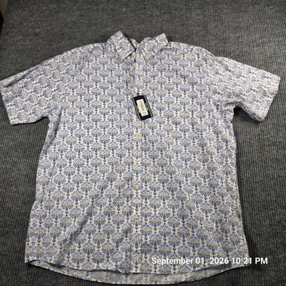 Roundtree & Yorke Mens 2XT Tall Medallion Print Cotton Short Sleeve Button Down